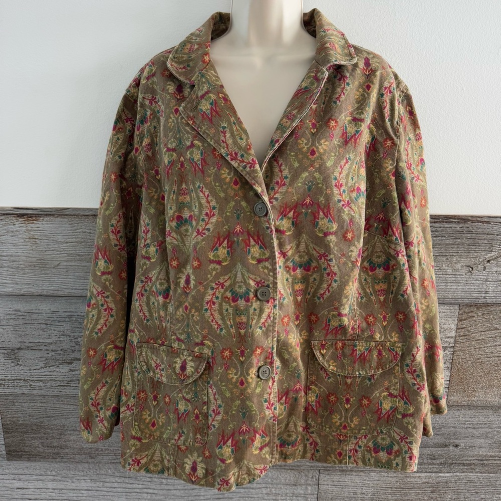 Liz Claiborne Vintage Cottage Paisley Brown Denim Jacket Blazer Size 2X (E1)